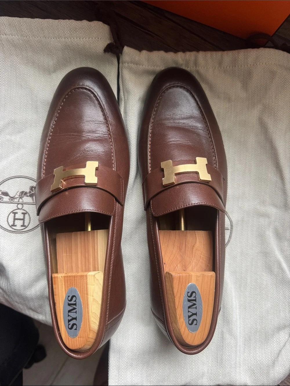 Hermes Brown Leather Loafers with Gold H Buckle
